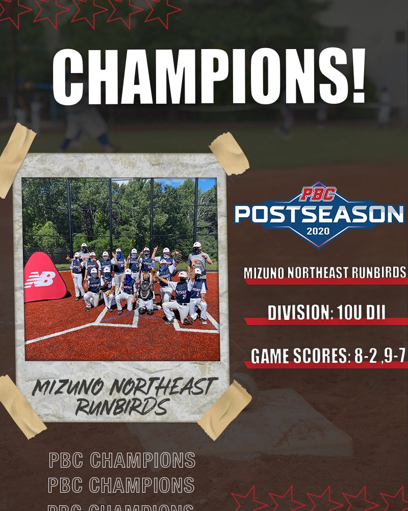 🏆🏆🏆

The Mizuno Northeast Runbirds have claimed the 10U DII #PBCChampionship!! Congrats guys!

#WhereTheBestCompete