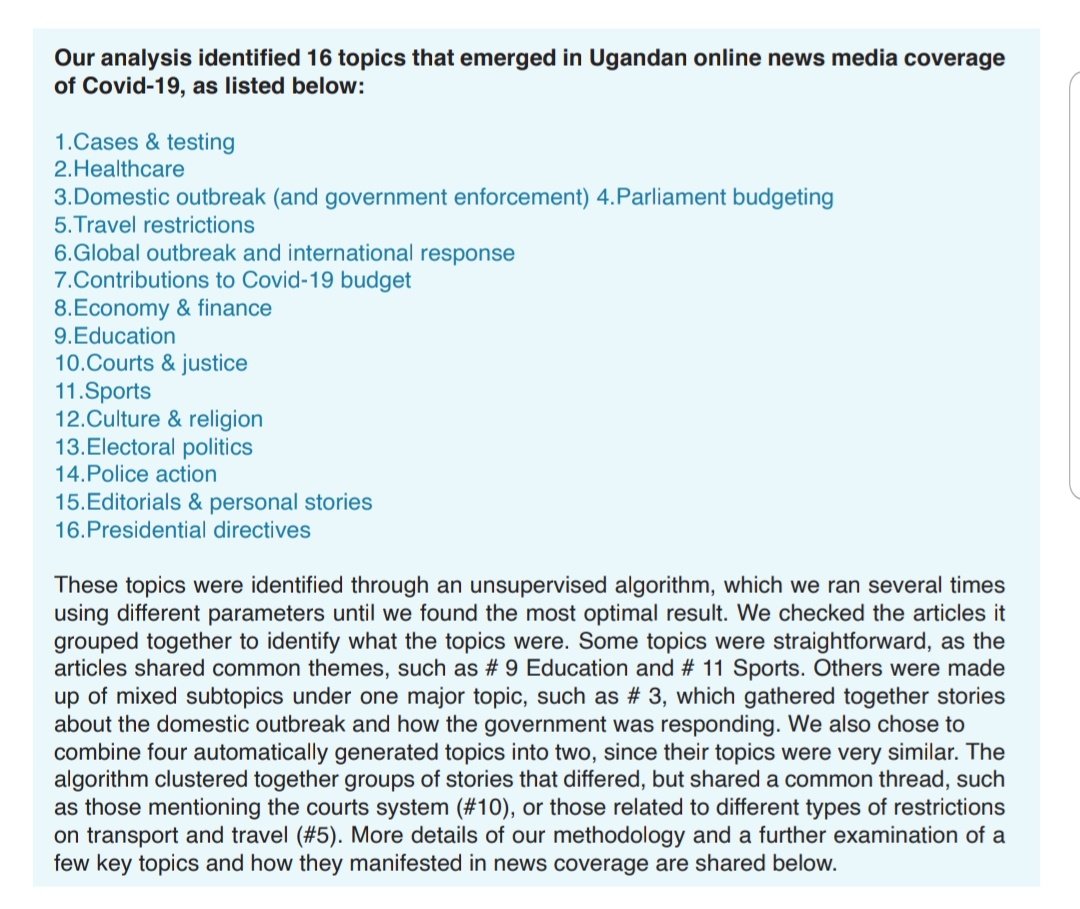 After some data cleaning, we ran an algorithm many times using different parameters to analyse the thousands of articles we'd collected on  #Covid19 from Ugandan online news. The model applied Natural Language Processing (NLP) to identify topics. We settled on 16 as most optimal.