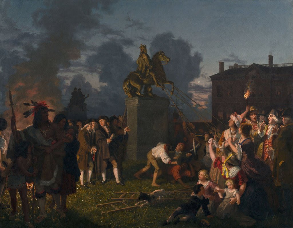 3)”in 1776..after the Declaration of Independence was ratified..a moment that was immortalized in a mid-19th-century painting, soldiers and civilians tore down a gilded statue of Britain’s King George III in Manhattan”Toppling Monuments, a Visual History  https://www.nytimes.com/2017/08/17/world/controversial-statues-monuments-destroyed.html