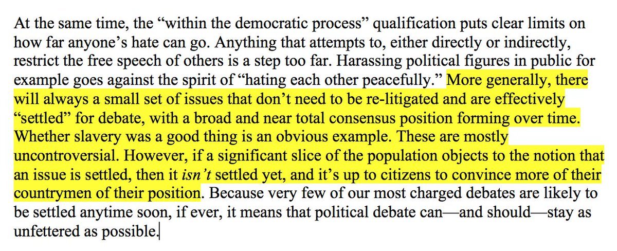 If a significant slice of the population objects to the notion that something is settled, then it *isn't* settled yet, and it's up to citizens to convince more of their countrymen of their position. This isn't published yet, but it goes into some more detail on how this works: