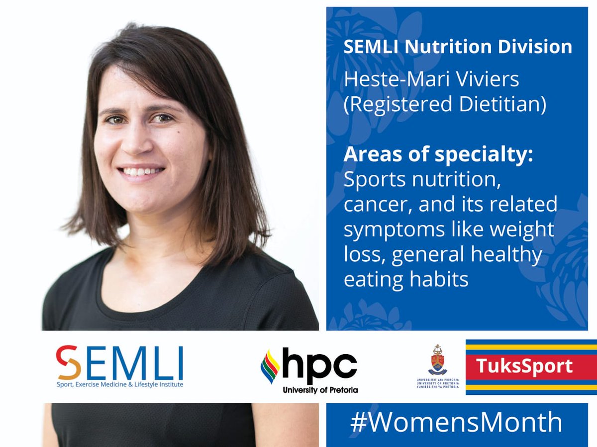 hpcRSA's tweet photo. #HighPerformanceCenter: #WomensMonth
Heste-Mari Viviers is a Registered Dietitian and working in the Nutrition Division of SEMLI.
Her areas of speciality include sports nutrition, weight loss, general healthy eating habits.
ℹ️ The hpc & SEMLI are celebrating #WomensMonth2020 https://t.co/WVFb5Pbw9S