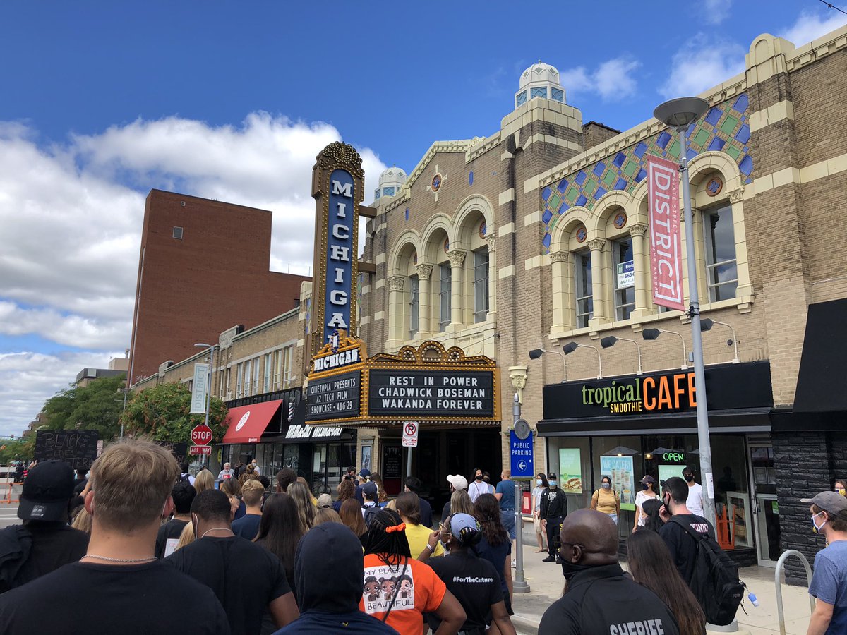 The marquee at the Michigan Theater: “Rest In Power Chadwick Boseman Wakanda Forever.”