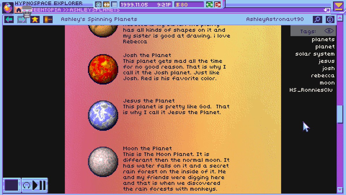 korly's tweet photo. Hypnospace Outlaw from @jaytholen is here now on @XboxGamePass (amongst other places) to remind us what the internet was like in 1999. Anyone that knows what a "webring" or a "GeoCities" is would do well to check this out. #HypnospaceOutlaw #ChowderMan #Shonking #Xbox https://t.co/F26biKVGRD