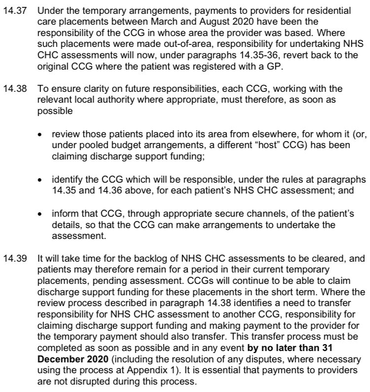 Under the Who Pays  @NHSEngland guidance payment responsibilities now revert from the CCG where a residential care provider is based (the March 2020 guidance) to the CCG responsible for care at the point of hospital discharge: