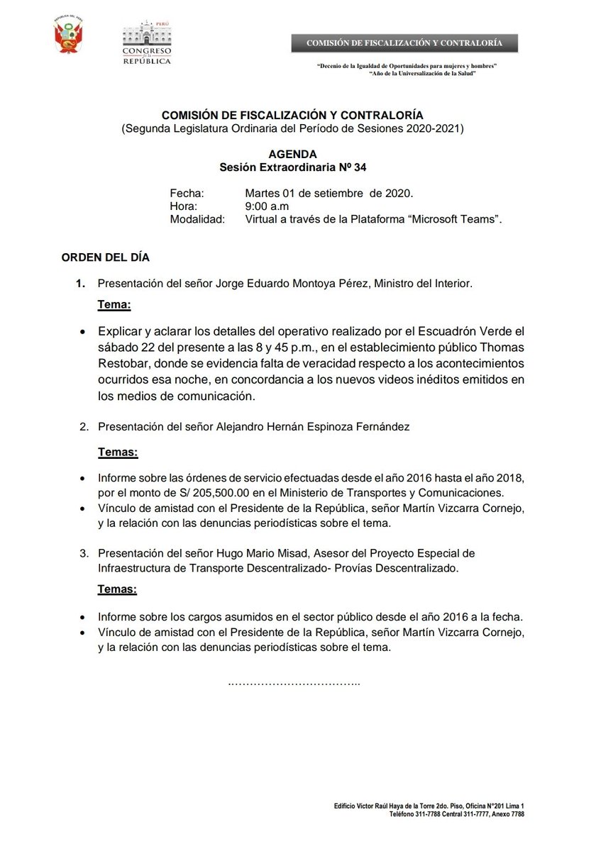 C_Fiscalizacion's tweet image. 🔴#Agenda | El martes #1Set, la @C_Fiscalizacion recibirá el informe del ministro @MininterPeru para que aclare detalles del operativo en la #DiscotecaThomas. Luego, los 'amigos de tenis' del presidente @MartinVizcarraC brindarán información sobre sus contrataciones con el Estado