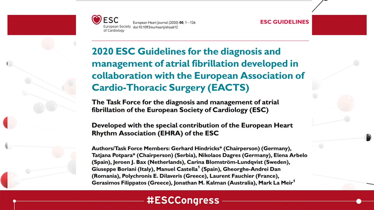 An EXCITING NEW guideline from  @escardio at  #ESCCongress on Atrial Fibrillation. It’s a long read of 126 but enjoyable! Here are my top tips from this guideline… #epeeps Link:  https://bit.ly/2YRdX8S   @mmamas1973  @pash22  @Hragy  @DrMarthaGulati  @ErinMichos  @AnastasiaSMihai /THEAD