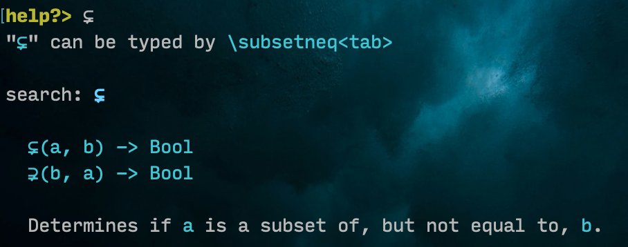 The help mode can also display doc strings for these standard Unicode-symbol functions.9/11