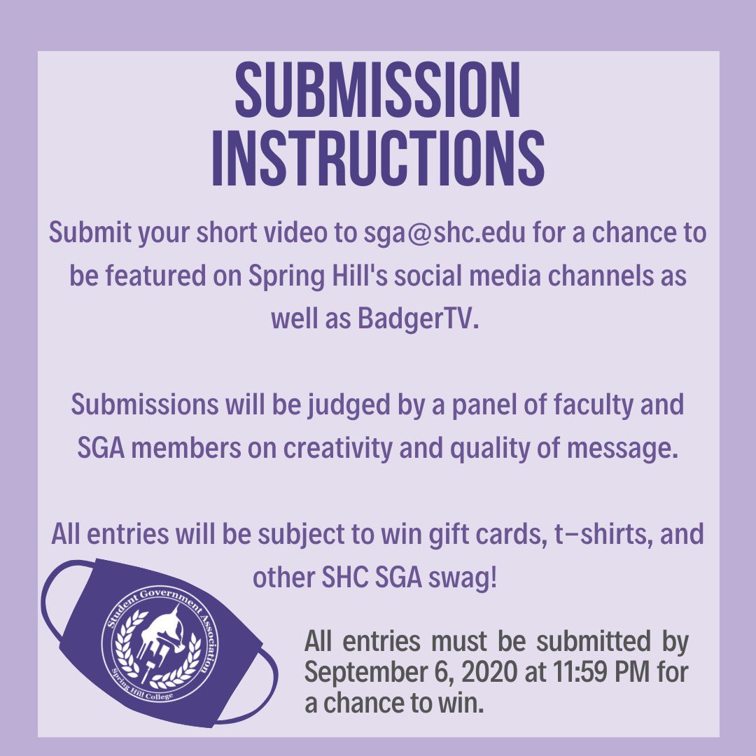 Keep our badgers safe! Record a video on any of the topics listed and email your submission to sga@shc.edu. Swipe for more information on submission instructions and prizes!