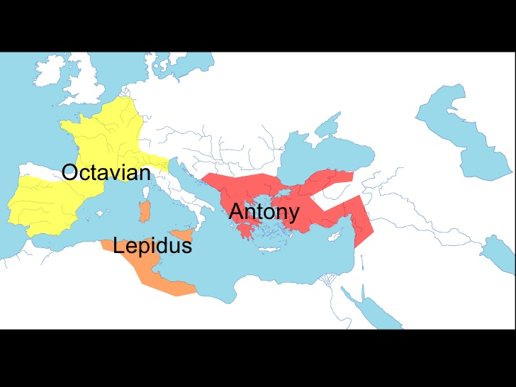 Suite à cette victoire des Césariens, Octavius, Marc Antoine et Lepidus (personnage théoriquement important à l'époque mais mineur dans l'histoire) se partage l'Empire Romain. Octavius prends l'Ouest, Marc Antoine le riche Est, et Lepidus l'Afrique. (-37 avJC)
