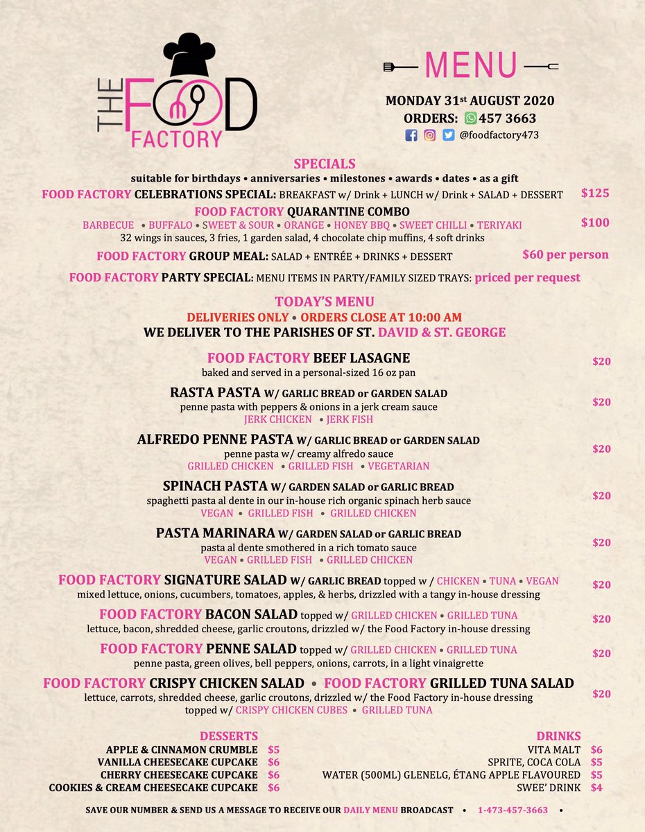 FoodFactory473's tweet image. Pasta Monday at The Food Factory:
Rasta Pasta, Pasta Marinara, Alfredo Penne Pasta, and Spinach Pasta served with Garden Salad or Garlic Bread

Beef Lasagne

Signature Salad, Bacon Salad, Penne Salad, Crispy Chicken Salad, Grilled Tuna Salad.   

Preorder now.