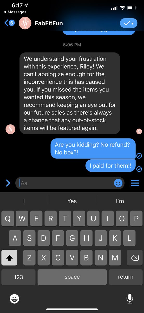 RileyPruitt0's tweet photo. So mad at @FabFitFun I paid $400 worth of add ons that I never received &amp; to have them tell me this.
No refund. No products. Yeah #%*$ you fabfitfun. I’m so done with them. I’ve been using them since summer 2018 and will never say a good thing about them again. https://t.co/5jomQPIiZX