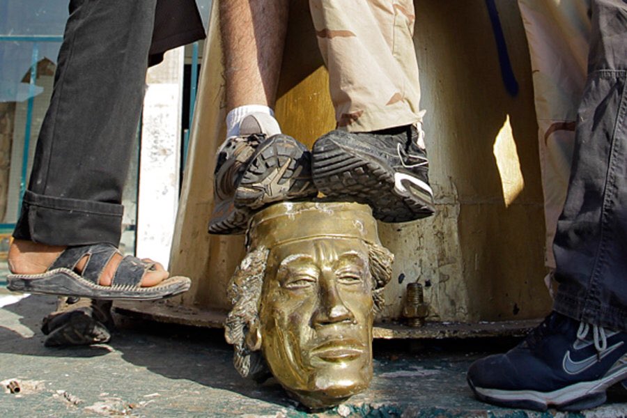 14)Recall the rise & fall of statues & images that symbolized the rule of subsequently executed Libyan leader Colonel Muammar Gaddafi (eg the ‘Fist Crushing a US Fighter Plane Sculpture’ in Misrata in 2011)Video:Libyan protesters destroy Gaddafi monument  https://www.telegraph.co.uk/news/worldnews/africaandindianocean/libya/8333302/Libyan-protesters-destroy-Gaddafi-monument.html