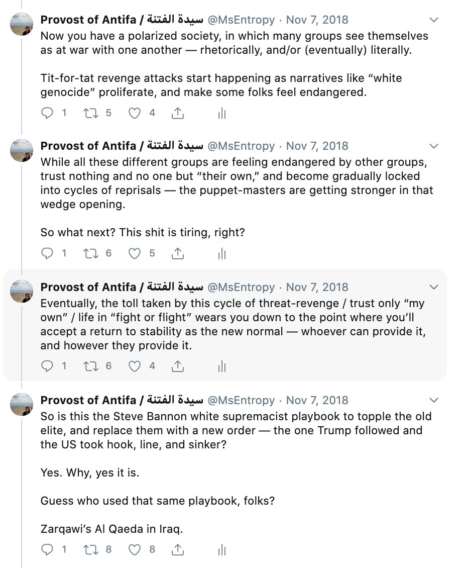 Much of what the Bannon meta-thread above shows is... exactly what we see unfold in Portland. There are also connections and parallels with Zarqawi's. strategy of escalation during the Iraqi insurgency (no, not 1:1): revenge violence, provocateurs, etc. But moving on.