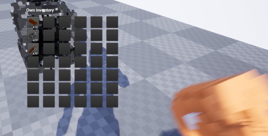 Step 34: Network replication working, persistent server-side storage of players, inventories, and a basic UI for the inventory (which is replicated over the network). Small steps, but my first in UE4 and I'm loving it so far.