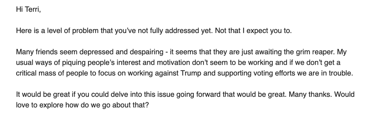 (Thread) What We Can DoA reader of my blog wrote this after reading yesterday's list of real issues and problems to face in the next few monthsSpoiler: The antidote to despair is to volunteer to help with the election. @TimothyDSnyder offers insight about despair.