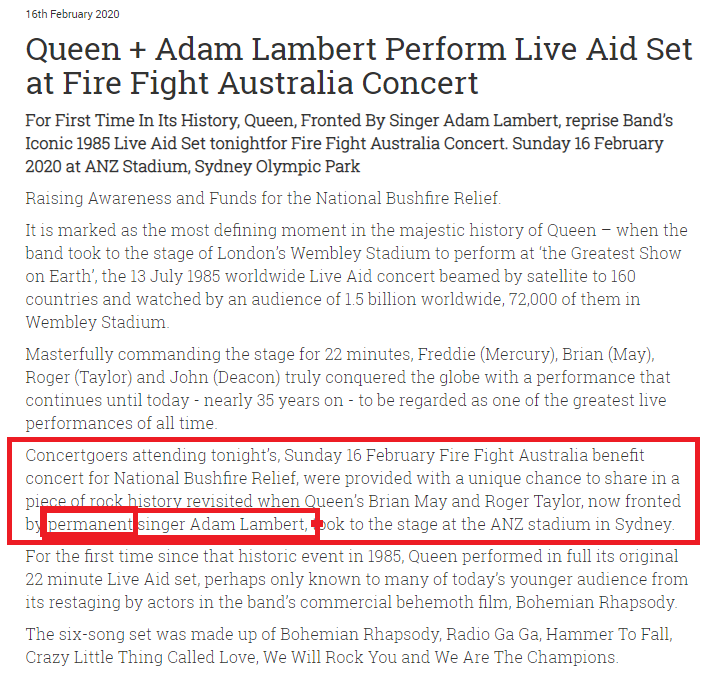 4Gelly's tweet photo. Every time something new QAL comes up,MM fans appear &amp; shout it should be him w Queen.I guess they missed the memo.On their official press release for a historic moment, the reprise of the Iconic Live Aid set, they chose to write "Permanent singer" for Adam . P E R M A N E N T👑 https://t.co/6cLPi3abAa