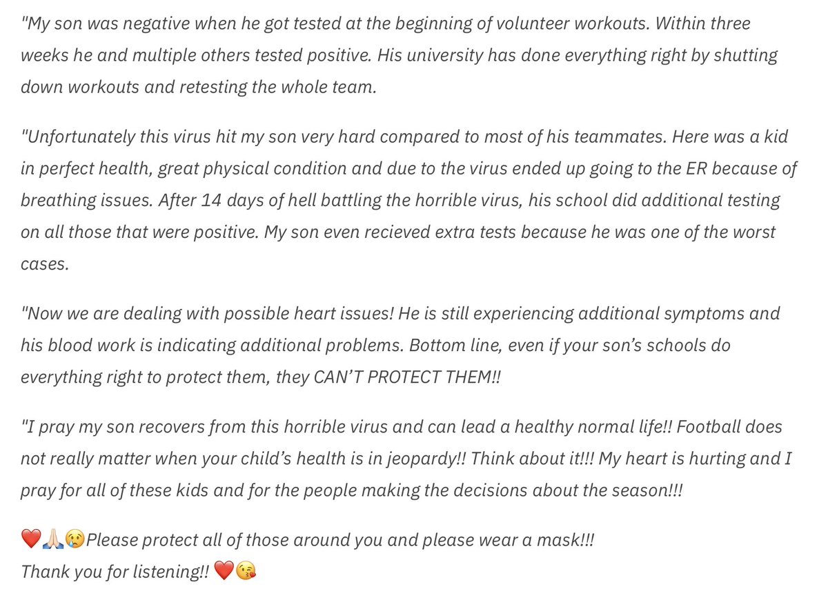 Mother of incoming freshman Brady Feeney describes her son's horrible battle with  #COVID. "Now we are dealing with possible heart issues!" Stop jeopardizing the life of our children.  #MAGA https://www.si.com/college/indiana/football/indiana-freshman-brady-feeney-seriously-ill-covid-19