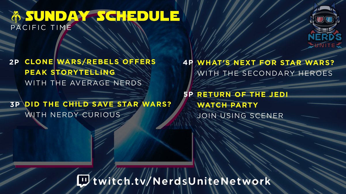 Force Fiesta Day 3 Starting at 2PM Pacific

Clone Wars/Rebels Offers Peak Storytelling
twitch.tv/theaveragenerd…

Did The Child Save Star Wars?
twitch.tv/nerdycurious 

What's Next For Star Wars?
twitch.tv/SecondaryHeroes

Return of the Jedi Watch Party
scener.com/join/NERDSUNIT…