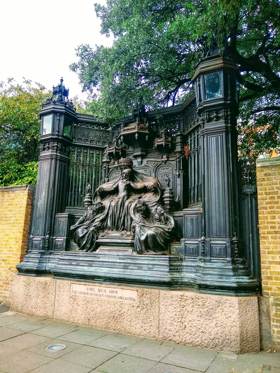 A memorial - and the figure isn't her, but this bronze work in Marlborough Road St James's is for the memory of Queen Alexandra, consort to King Edward VII. Her charitable work paid for a ship to return injured soldiers from the Sudan Campaign and Boer War.