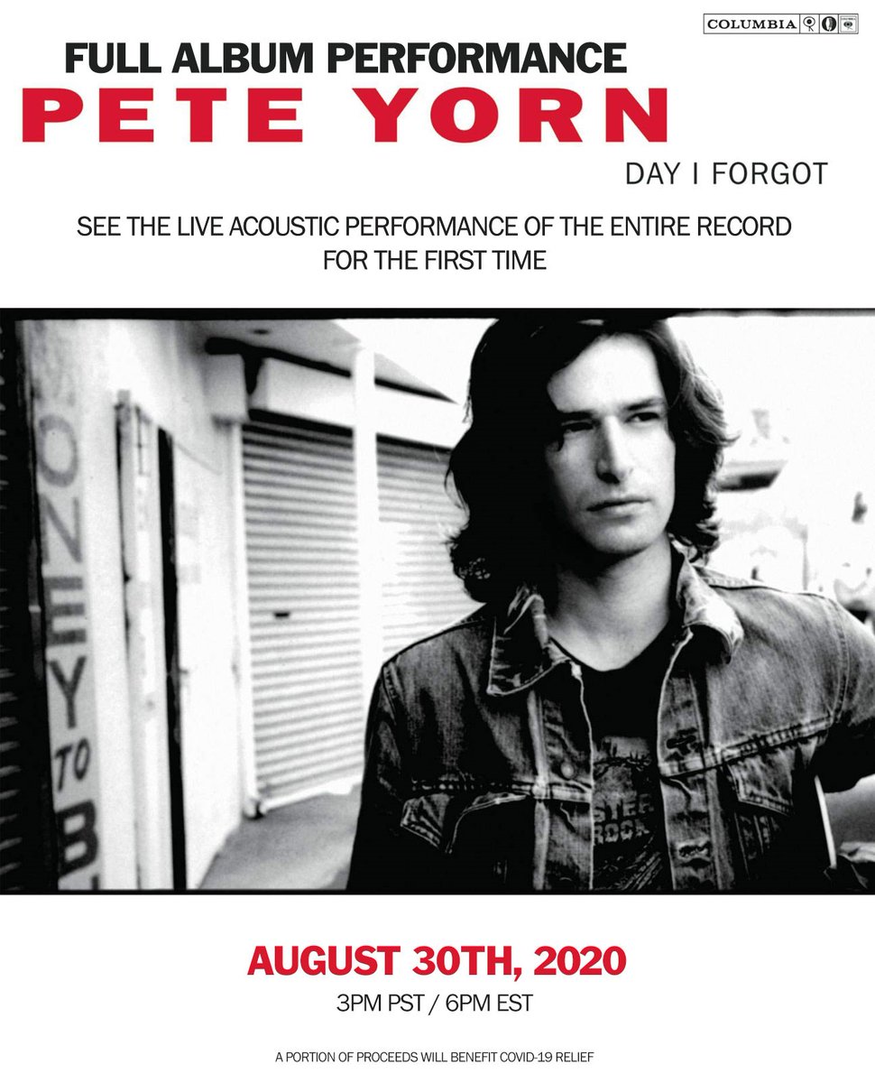 LiveNationAtl's tweet image. TODAY: For the first time ever, Pete Yorn is performing an acoustic set of his acclaimed sophomore album “Day I Forgot”. What is your favorite Pete Yorn song? 🎸🎶

ℹ️ 3pm PT/ 6pm ET
🌐peteyorn.veeps.com