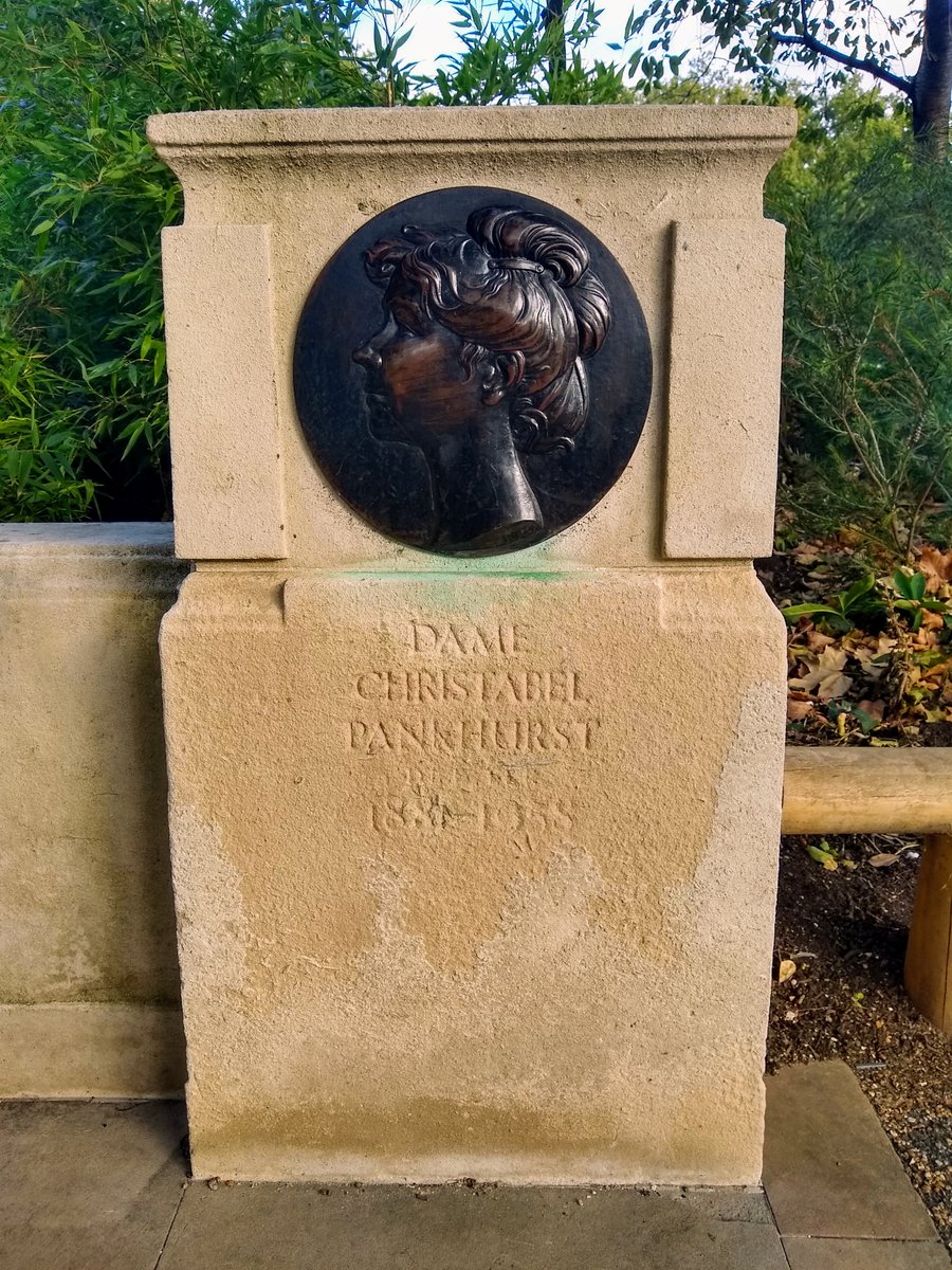 Christabel Pankhurst, daughter of Emmeline, is remembered in the memorial in Victoria Tower Gardens as well. A co-founder of the WSPU, she directed its militant actions from exile in France from 1912 to 1913. Had a law degree, spent time in jail for the cause.  #womenstatues
