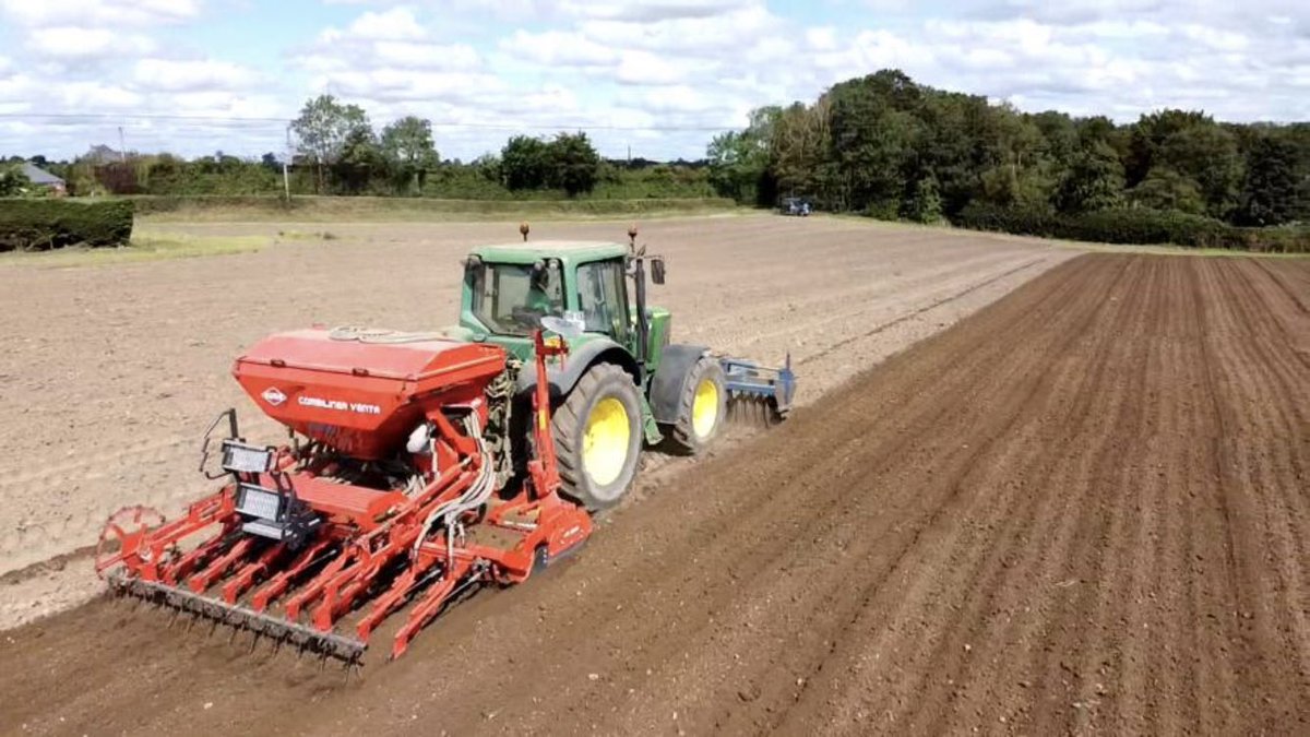 Because fieldwork nowadays is not done properly without a couple of drone snaps. Ergo HEAR Oilseed Rape drilling today in the sunshine at 50 seeds/m2.