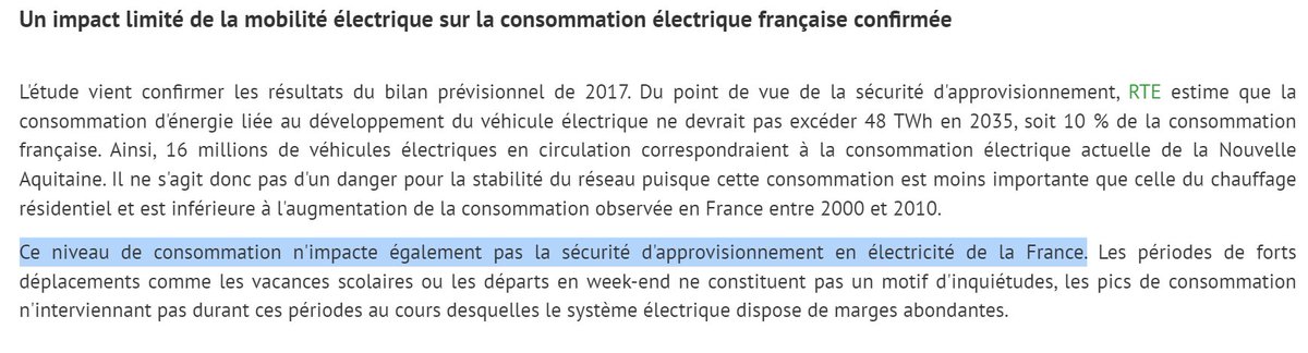 Dans ses scénarios prospectifs,  @rte_france, chargé du réseau électrique Français, expliquequ'il n'y a besoin d'aucun nouveau moyen de production d'électricité pour 16 millions de VE supplémentaire, ça représente 40% du nombre de véhicule en service.(cliquez sur la photo)