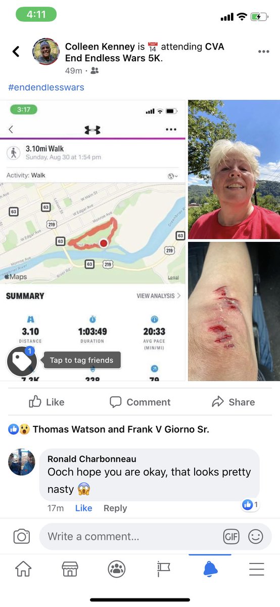 colleenthevet's tweet photo. So I set out to walk a 5K yesterday. About half a mile in, I fell and had to go home. Not one to be easily defeated, I tried again today. I finished. A little slow. A little sore. This one was for #endendlesswars #CV4A https://t.co/EdKj27rTbW