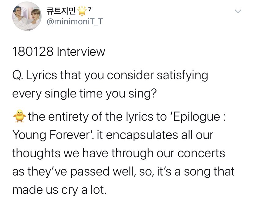 i’m gonna keep adding to this thread as i find more things but there’s also this interview question from 2018 that explains why he finds singing Young Forever so satisfying