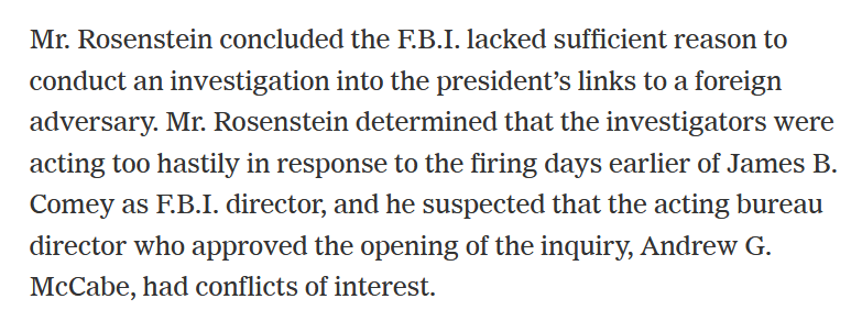 SO Rosensetein determined that there was no lawful predicate to investigate the President, determined McCabe had a conflict of interest, & recused McCabe by appointing Mueller!Then never told McCabe about it so McCabe did not continue the investigation without Mueller!!!