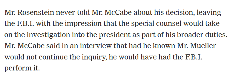 SO Rosensetein determined that there was no lawful predicate to investigate the President, determined McCabe had a conflict of interest, & recused McCabe by appointing Mueller!Then never told McCabe about it so McCabe did not continue the investigation without Mueller!!!