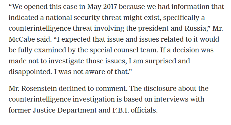 So McCabe is now screaming to his friends at NYT that for 2 years everyone thought Mueller was investigating Trump and Mueller wasn't investigating Trump's ties to Russia! NEVER!