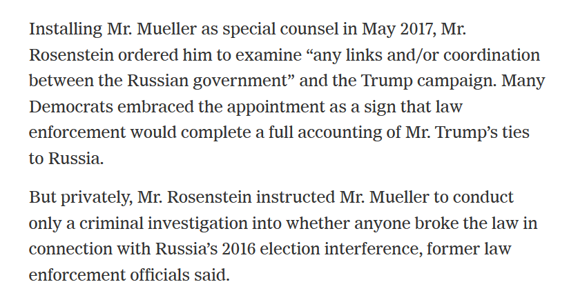 So while providing Mueller the generic scope letter on 5/17/17, Rosenstein privately briefed Mueller on his actual scope. That he was not to investigate President Trump or his business dealings with Russia, but to only investigate those who committed crimes with the 2016 election
