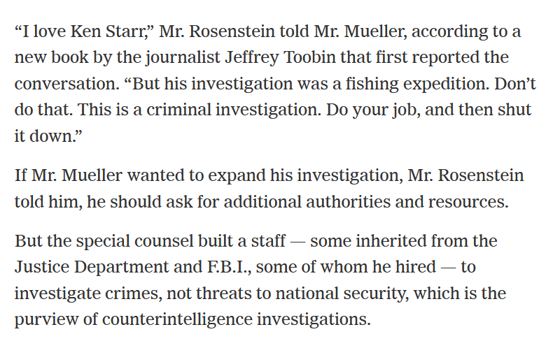 Those who argued that Mueller's appointment was illegal because it was a counterintelligence case not a criminal one will also be disappointed. Mueller was only authorized to investigate criminal actions not national security risks with no fishing expeditions!