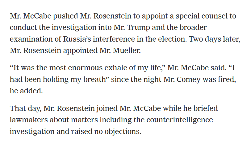 This is a lie by McCabe, who testified on 5/11/17 to SSCI that no special counsel was needed to take the investigation from the FBI. Of course McCabe was holding his breath, he had committed criminal actions including lying to INSD investigators.