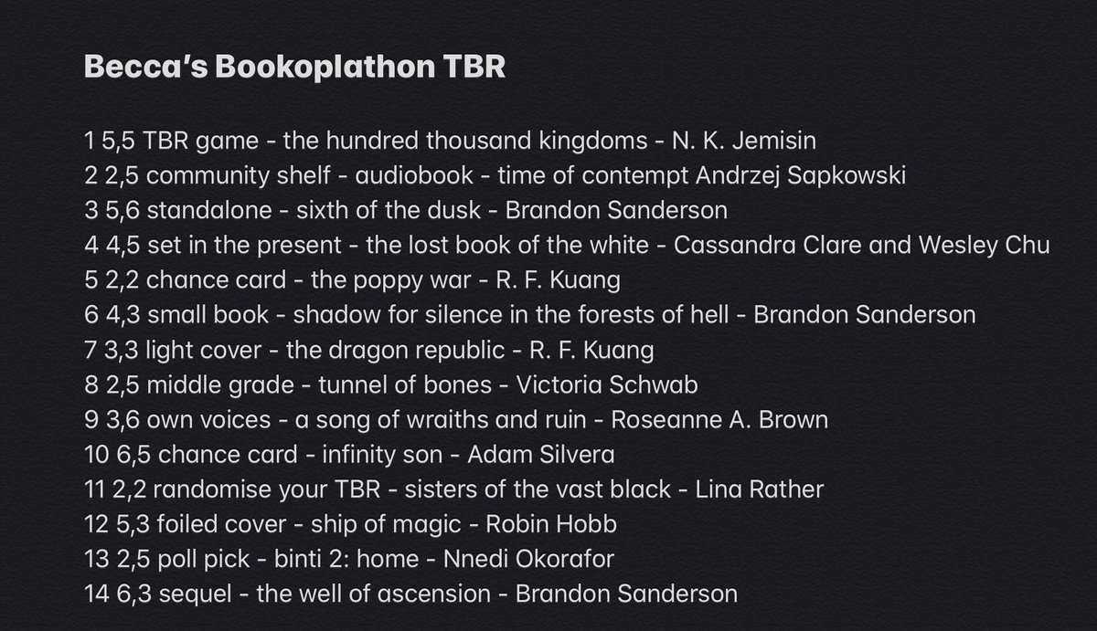 kiel_moritz's tweet photo. Here’s my TBR for @BeccasBookopoly! I ambitiously set out to do ten rolls, but Miss Bookopoly insisted on giving me 4 extra rolls😅 Hopefully I’ll still get to all of them... https://t.co/yhS5B7GI8r