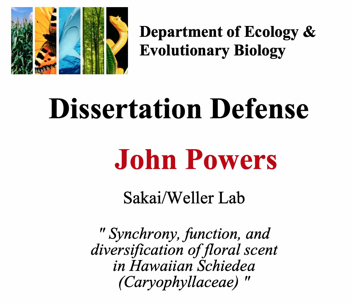 Don't miss <a href="/icyjava/">John Powers</a>'s PhD defense this Tues Sept 1, 1-2pm Pacific time! Learn about the #evolution of wonderful-smelling flowers native to #Hawaii. Contact EEB for Zoom login.
