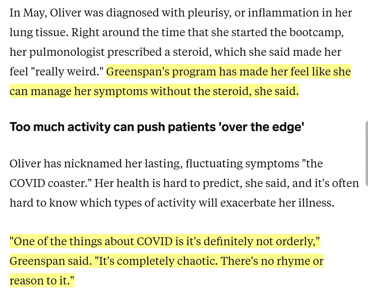 I came across an incredible story covering a bootcamp which is the USA's first online rehab program for COVID-19 patients - it's free of charge, you can donate if you want though  https://www.businessinsider.com/coronavirus-bootcamp-long-haulers-treatment-lingering-symptoms-2020-8?r=US&IR=T 8/n