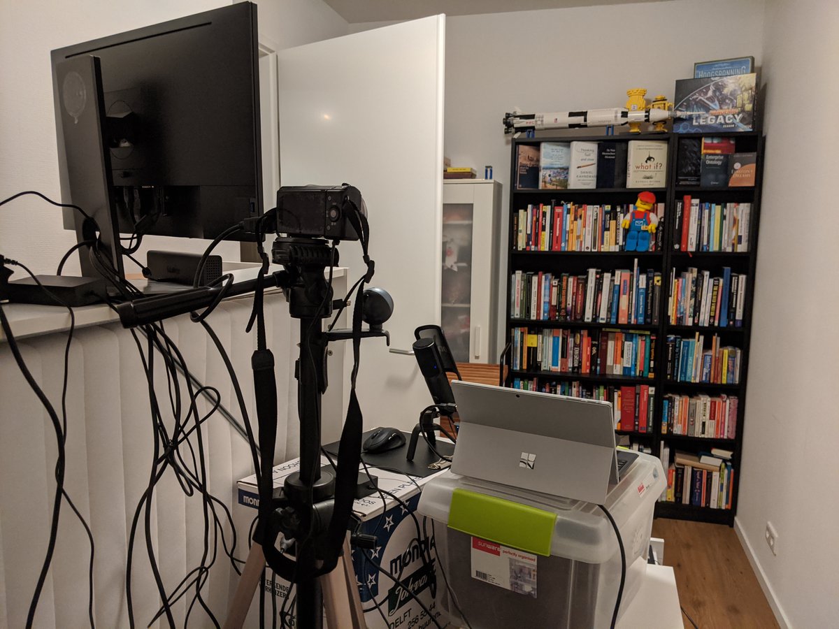 k_meesters's tweet photo. Alright! Ready for #NewCommon teaching @TilburgU @AvansHogeschool!💪
Reliving my old #AudioVisual days w/ a multi-cam, multi mic-setup, live directing, graphics overlay & a few cables🤓
Ready w/ @yan_wang for self-hosted: #conferences #lectures #tutorials #streaming #recording https://t.co/g3DzBfRkIV