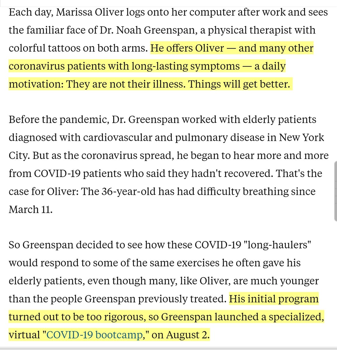 I came across an incredible story covering a bootcamp which is the USA's first online rehab program for COVID-19 patients - it's free of charge, you can donate if you want though  https://www.businessinsider.com/coronavirus-bootcamp-long-haulers-treatment-lingering-symptoms-2020-8?r=US&IR=T 8/n