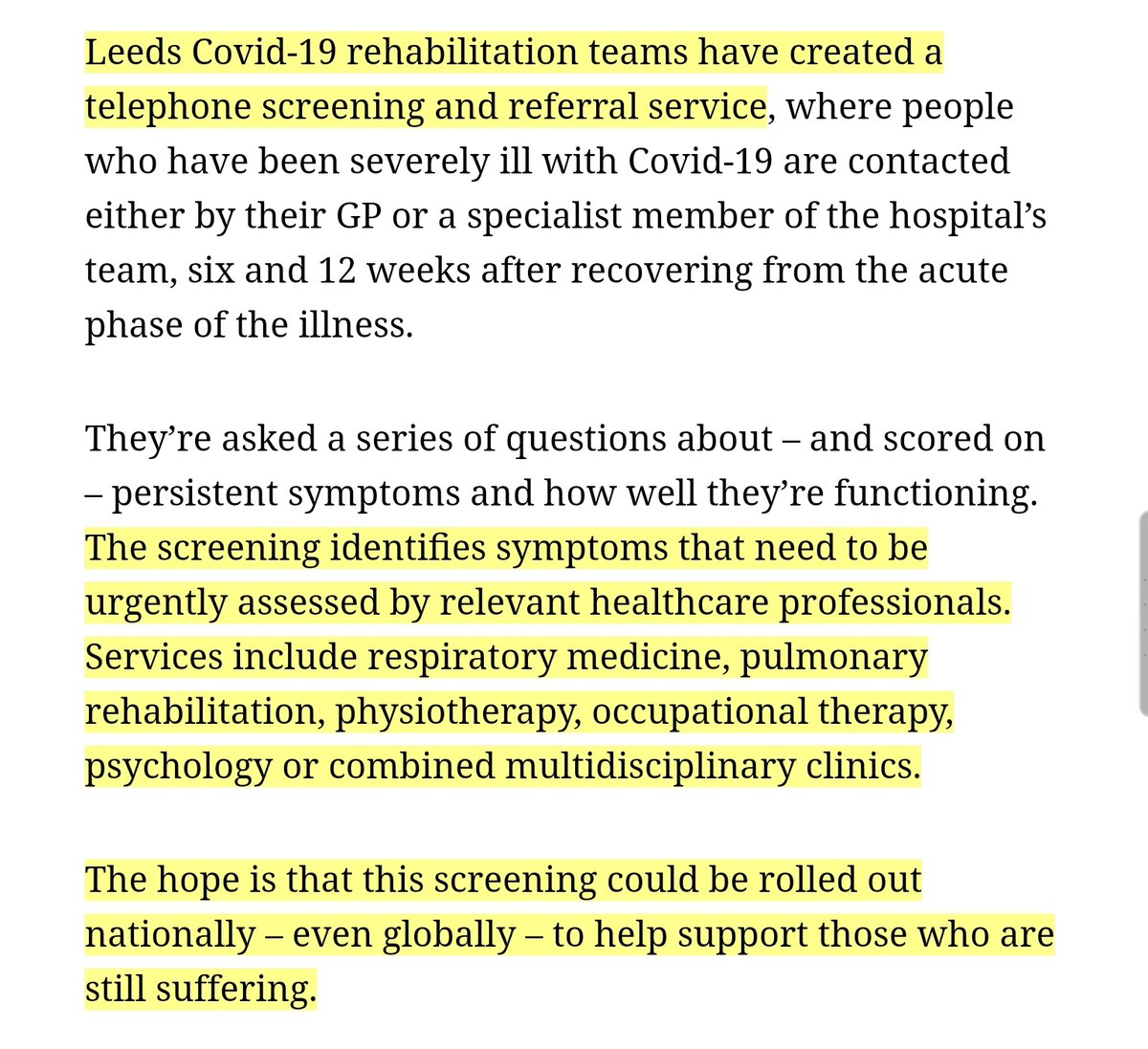 It looks like there is work going on in the UK to create rehab programs for  #longcovid patients - this was an interesting story, with a forecast that a million people could be living with  #covid19 symptoms for a long time  https://www.huffingtonpost.co.uk/entry/up-to-one-million-will-have-after-effects-of-covid-says-rehab-consultant_uk_5f477b22c5b64f17e139189b 10/n