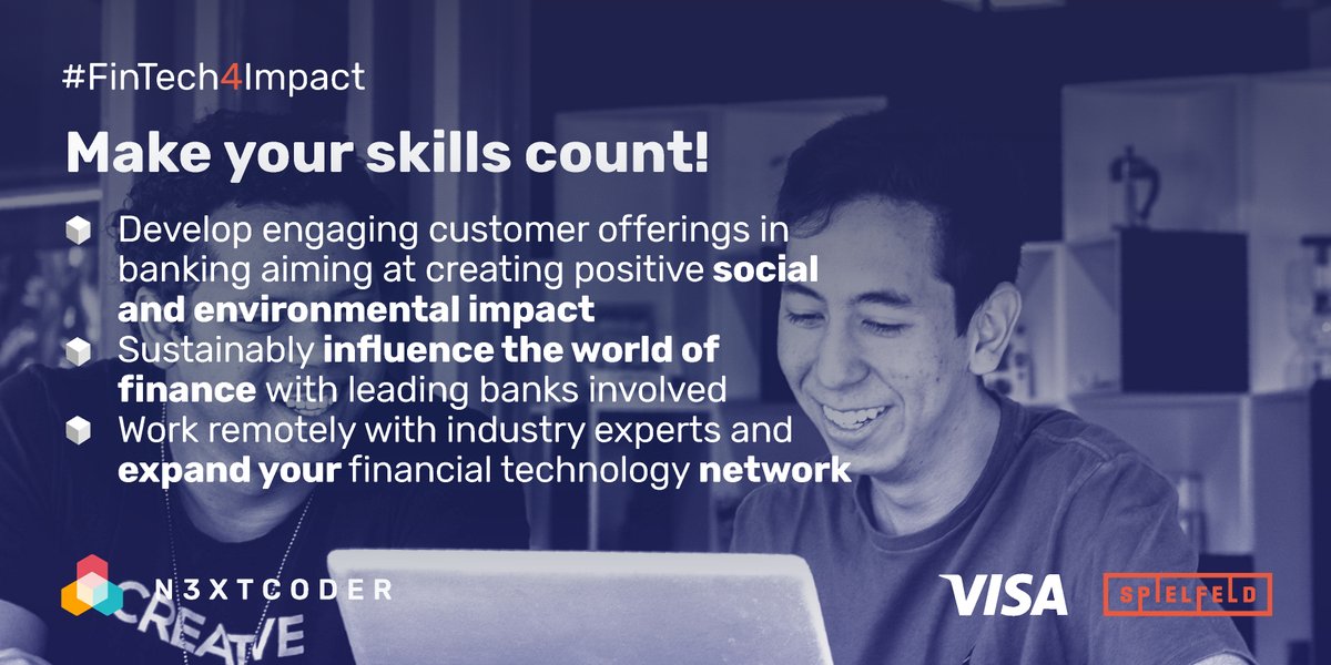N3XTCODER's tweet photo. At the #FinTech4Impact product hack you can work on meaningful solutions – hands on and right away!
Become a team member of digital product #developer|s, CX/UX graphic #designer|s, #branding experts, #marketing specialists and …
Last chance to apply:
→ https://t.co/bepJGjzyi9 https://t.co/6IErToYM1y