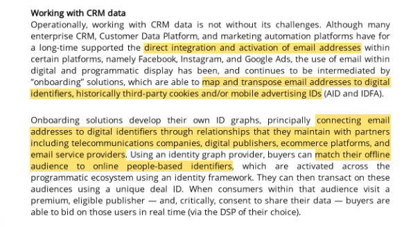 What I like is that they clearly refer to the linkability of personal IDs.FB custom audiences = 'direct integration and activation of email addresses''map ...email addresses to digital identifiers''connecting email addresses to digital identifiers''people-based identifiers'