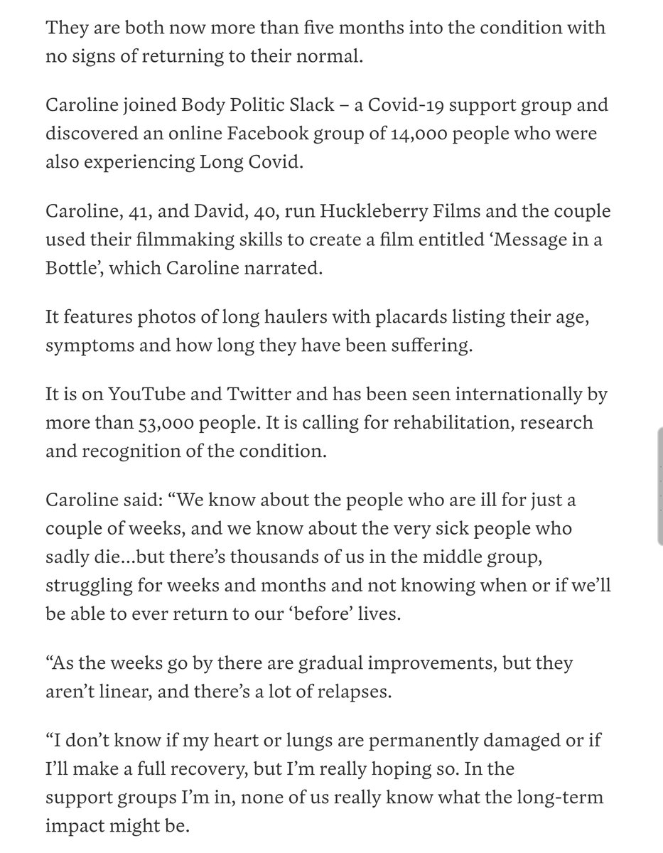Finally, I'm reminded of the power of patients to support one another and how some  #longcovid patients like Caroline and David who run  @HBFilms have been able to do amazing advocacy work (despite living with symptoms)  https://www.lancs.live/news/lancashire-news/five-months-struggle-rossendale-couple-18841043 11/n