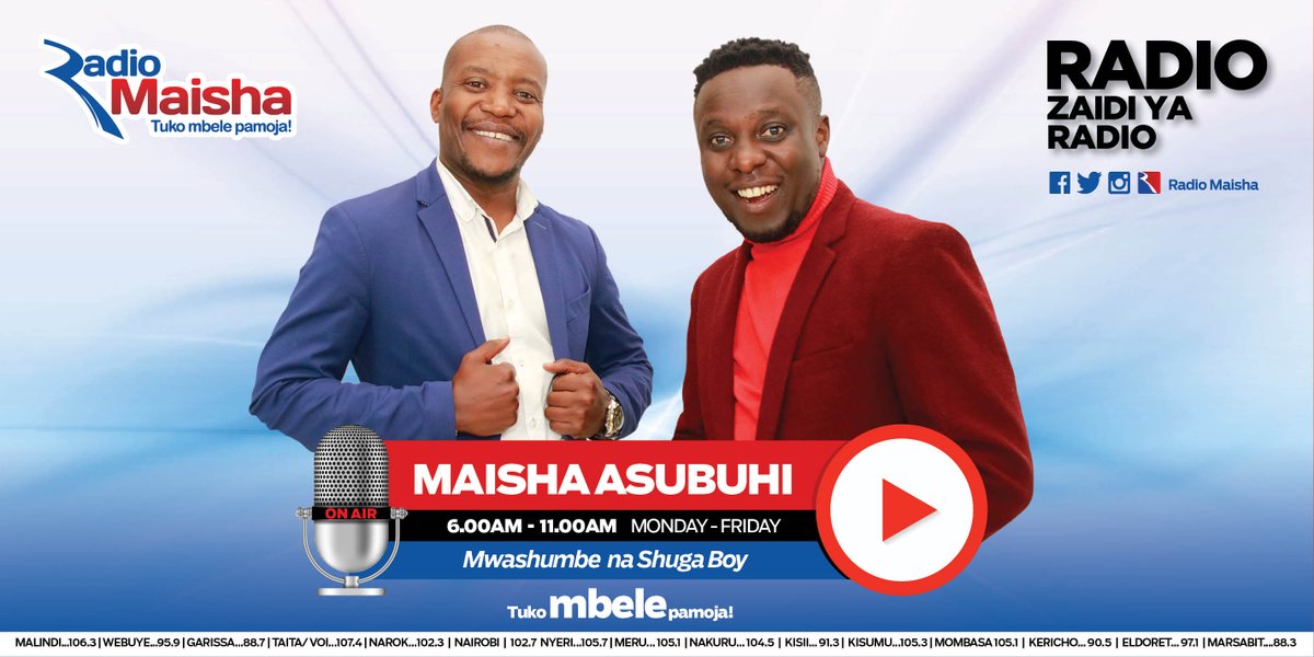 Karibu kwa Maisha Asubuhi na <a href="/emmanuelmwashu1/">emmanuel mwashumbe</a> na <a href="/shugaboyke1/">Shugaboy KE</a>. Saa kumi na mbili hadi saa nne asubuhi. #MwashumbeNaShugaboy