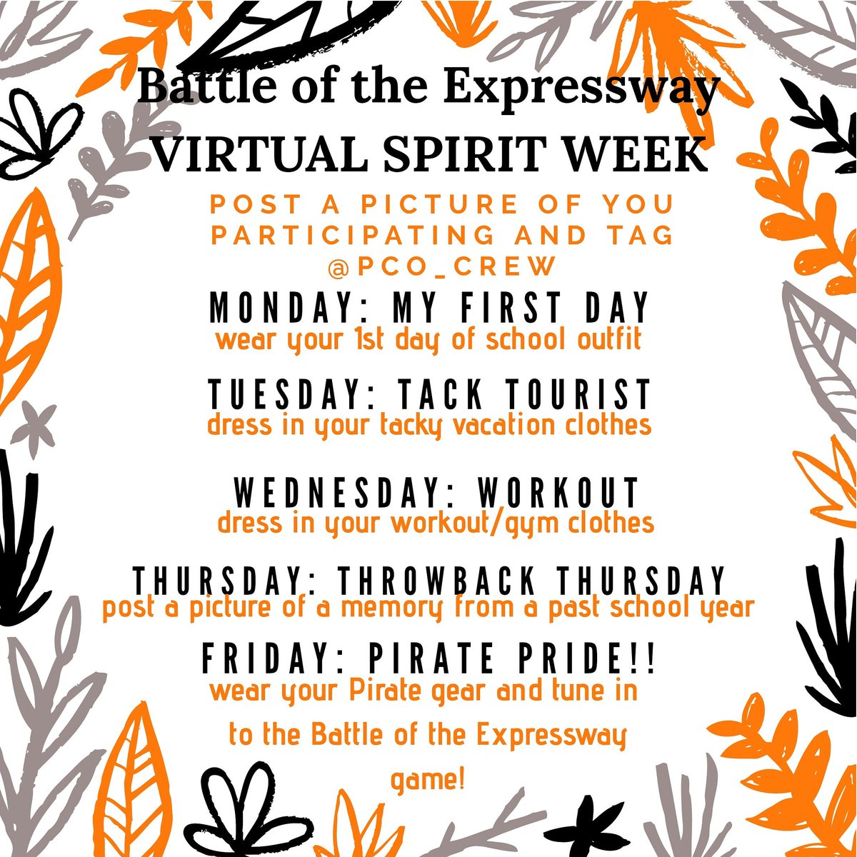 PCHSCrew's tweet image. Battle of the Expressway is THIS FRIDAY! Show your school spirit by participating in our virtual spirit week! #piratepride