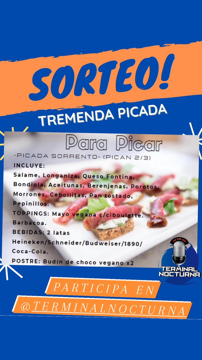 terminalradio's tweet photo. Volvimos al aire y queremos cerrar los viernes como ustedes se merecen 😉. Sorteamos una MEGA PICADA en https://t.co/MDWdP8BKM7 sumate!!! 
#SORTEO #sorteos #comidagratis #instagram https://t.co/mhpVj8osAp