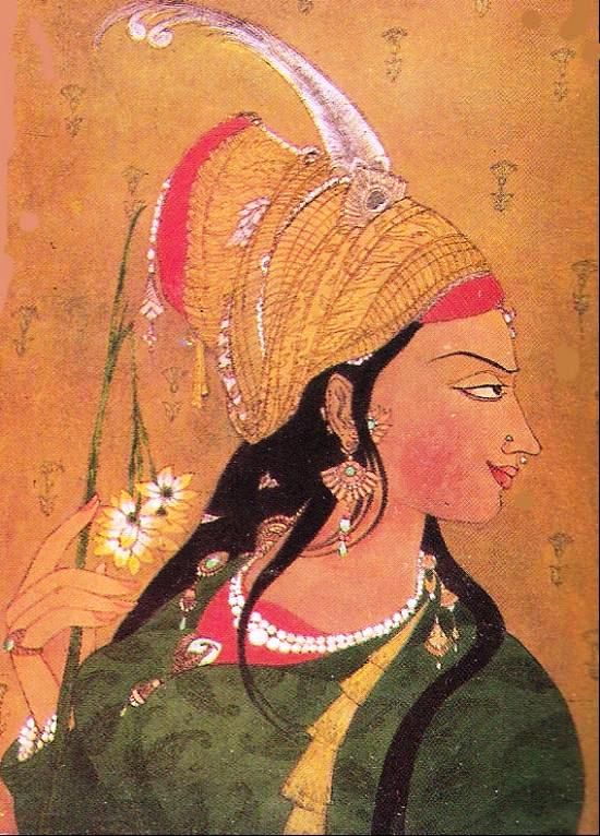 Taj's play was adorned with Anarkali's portrait by Abdur Raḥman ChughtaiCrafted as a miniature painting from Mughal era, in words of Anna Suvorova, "Anarkali is not depicted as a romantic heroine but experienced courtesan with a deceitful smile and an enticing and crafty gaze."