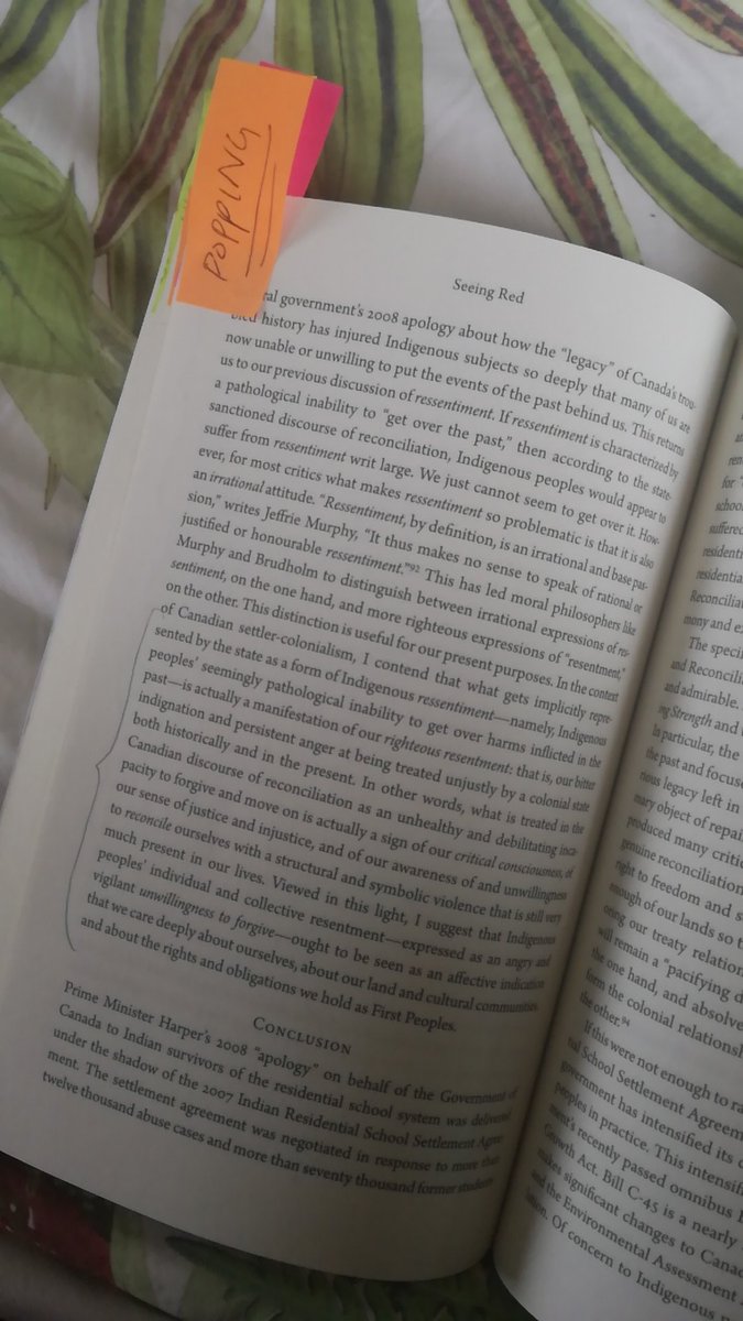 My eloquent note to self on this passage  This is a very good chapter, all on resentment, anger, and the expectation on Indigenous people to always forgive. I'm gonna struggle not to dump pages of this straight into my thesis.