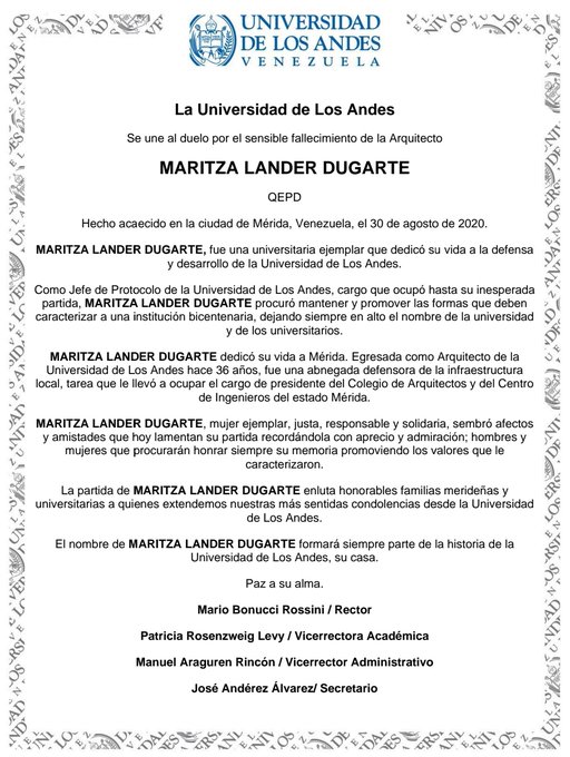 ULA_Venezuela's tweet photo. Con profundo pesar informamos sobre el fallecimiento de nuestra Jefe de Protocolo: Arquitecto Maritza Lander Dugarte (Q.E.P.D)

Pedimos una oración por el eterno descanso de su alma.

¡Gracias Maritza! Por todo cuanto hiciste por tu Universidad, quedas en nuestros corazones. https://t.co/Zb8RF9DcVt
